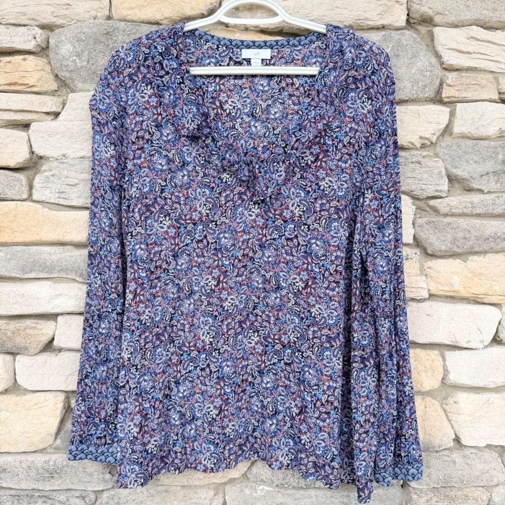J. Jill Blue Paisley Ruffle V-Neck Peasant Tunic Blouse Top Size Large